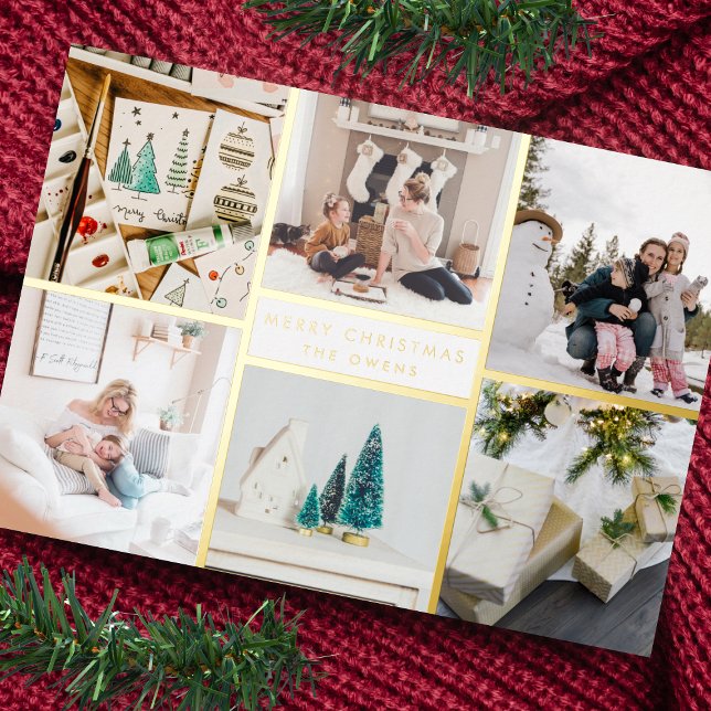 Customisable Merry Christmas Six Photo Lines Foil Holiday Card (Creator Uploaded)