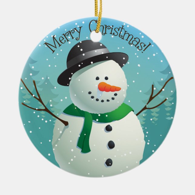 Customisable Merry Christmas Snowman Ceramic Tree Decoration (Front)