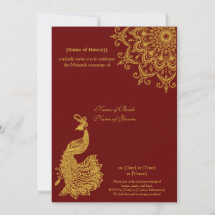 Customisable Metallic Gold Dark Red Mehendi Indian Invitation