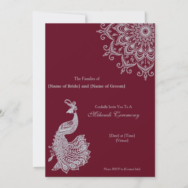 Customisable Metallic Silver Red Mehendi Indian Invitation (Front)