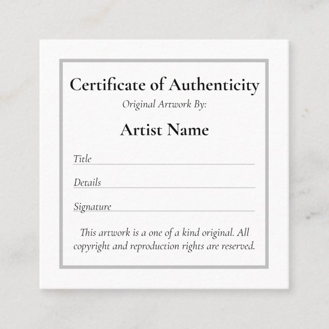 Customisable Mini Certificate of Authenticity Art (Front)