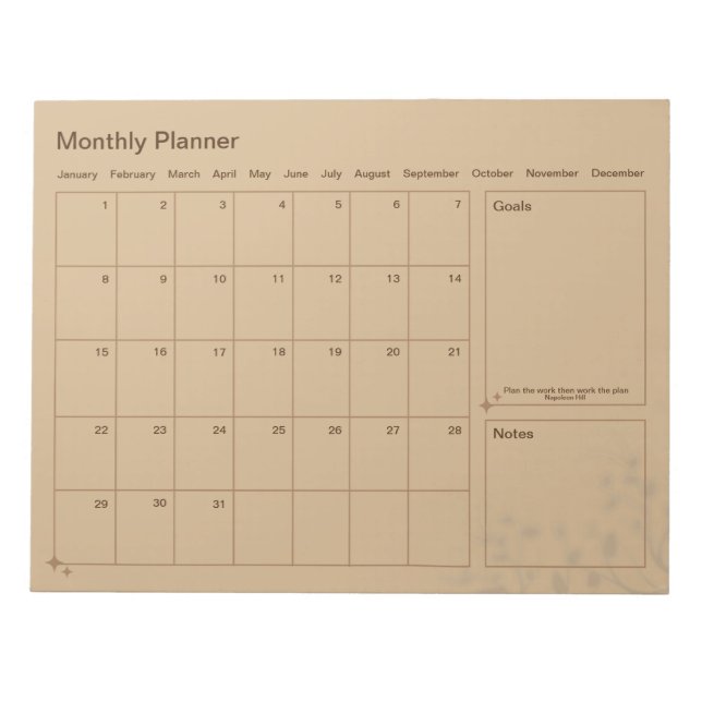 Customisable Minimalist Monthly Planner  Notepad (Front)