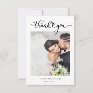 Customisable Minimalist Script Heart Wedding Photo Thank You Card