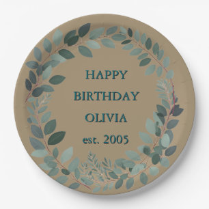 Customisable Mocha Eucalyptus Watercolor Leaf  Paper Plate