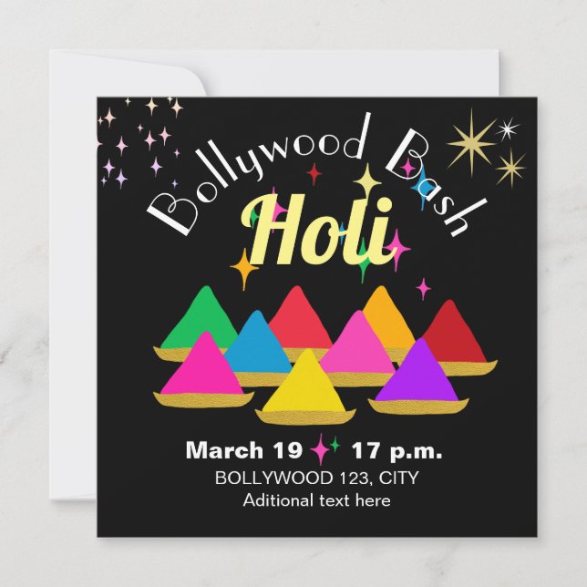 Customisable Modern Holi Festival Colours Black Invitation (Front)
