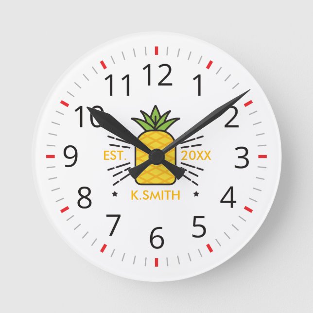 Customisable. Monogram. Cute Fruit. Pineapple. Round Clock (Front)