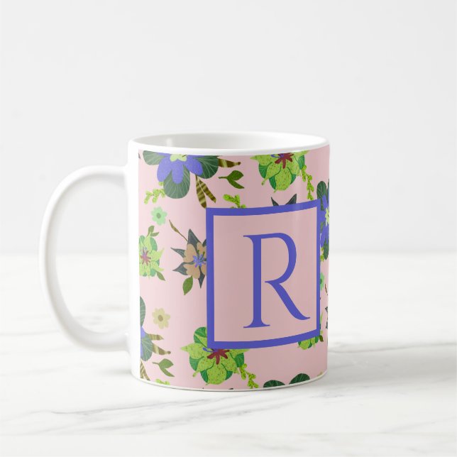 Customisable Monogram Girly Floral Pattern Pink  Coffee Mug (Left)