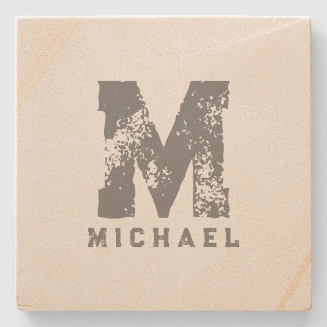 Customisable Monogram Initial Name Sandstone Stone Coaster (Front)