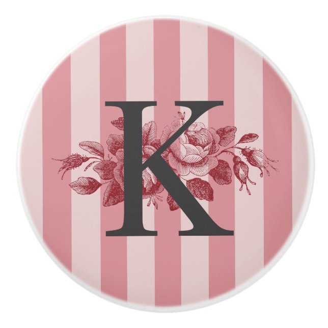 Customisable Monogram Pink Stripes Cabbage Roses Ceramic Knob (Front)