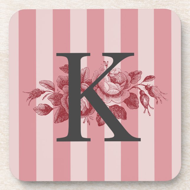 Customisable Monogram Pink Stripes Cabbage Roses Coaster (Front)