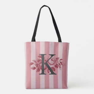 Customisable Monogram Pink Stripes Cabbage Roses Tote Bag