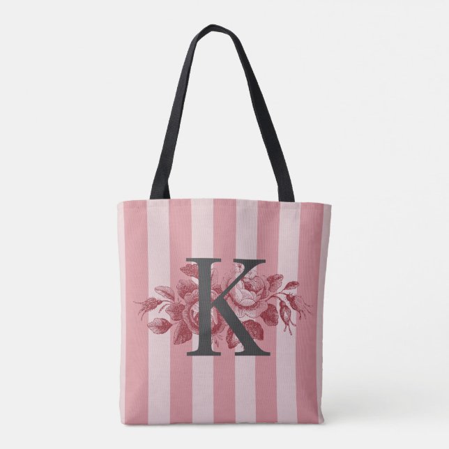 Customisable Monogram Pink Stripes Cabbage Roses Tote Bag (Back)