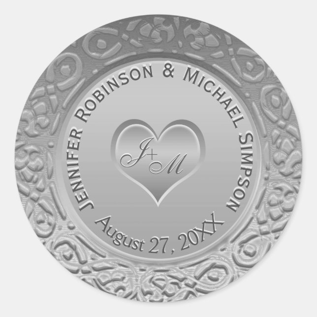 Customisable Monogram Silver Foil Look Wedding Classic Round Sticker (Front)
