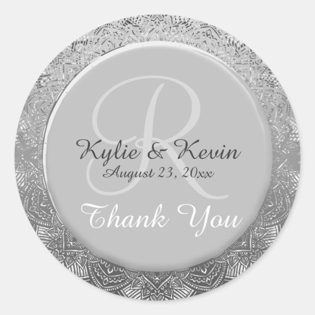 Customisable Monogram Silver Wedding Thank You Classic Round Sticker (Front)