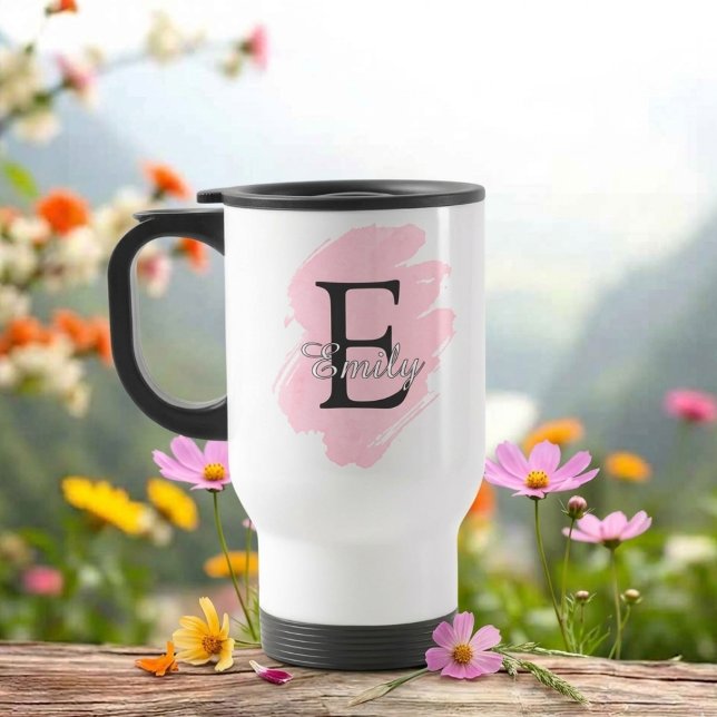Customisable Monogram Travel Mug with Colour Accen (Fully customizable paint stroke monogram travel mug)