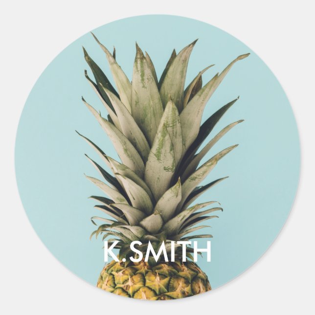 Customisable. Monogram. Tropical. Pineapple. Classic Round Sticker (Front)