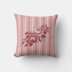 Customisable Monogram w/Pink Stripes Cabbage Roses Cushion