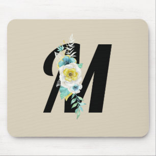 Customisable Monogram w/White & Aqua Floral on Tan Mouse Mat