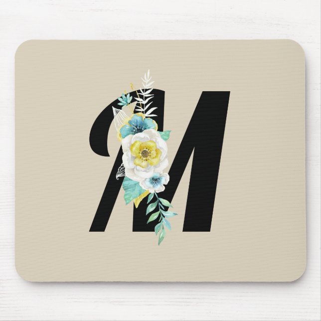 Customisable Monogram w/White & Aqua Floral on Tan Mouse Mat (Front)