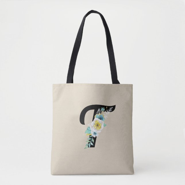 Customisable Monogram w/White & Aqua Floral on Tan Tote Bag (Front)