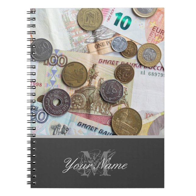 Customisable Monogram with coins and bank notes! Notebook (Front)