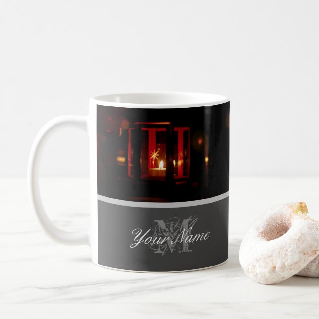 Customisable Monogram with golden christmas lights Coffee Mug (With Donut)