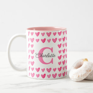 Customisable Monogrammed Watercolor Pink Hearts Two-Tone Coffee Mug