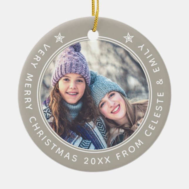 Customisable Mother Daughter Taupe Merry Christmas Ceramic Tree Decoration (Front)