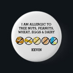 Customisable Multiple Food Allergy Alert Kids 6 Cm Round Badge<br><div class="desc">Customisable Multiple Food Allergy Alert Kids Button. Attach to medicine kits, lunch boxes or book bags. Edit to remove any of the allergy symbols. Symbols include NO TREE NUT, NO PEANUTS, NO GLUTEN/WHEAT, NO EGGS, and NO DAIRY. Edit text to list specific allergens or write 'please do not feed'. Edit...</div>