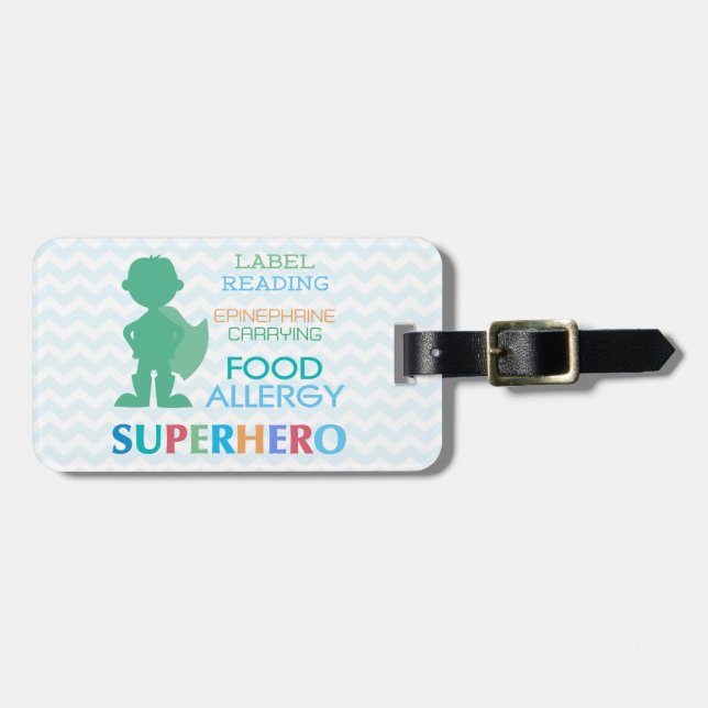 Customisable Multiple Food Allergy Superhero Alert Luggage Tag (Front Horizontal)