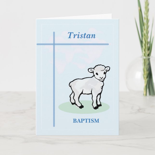 Customisable Name Baptism Blue Boy Lamb Card (Front)