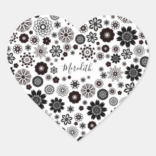 Customisable Name Black and White Floral Pattern Heart Sticker