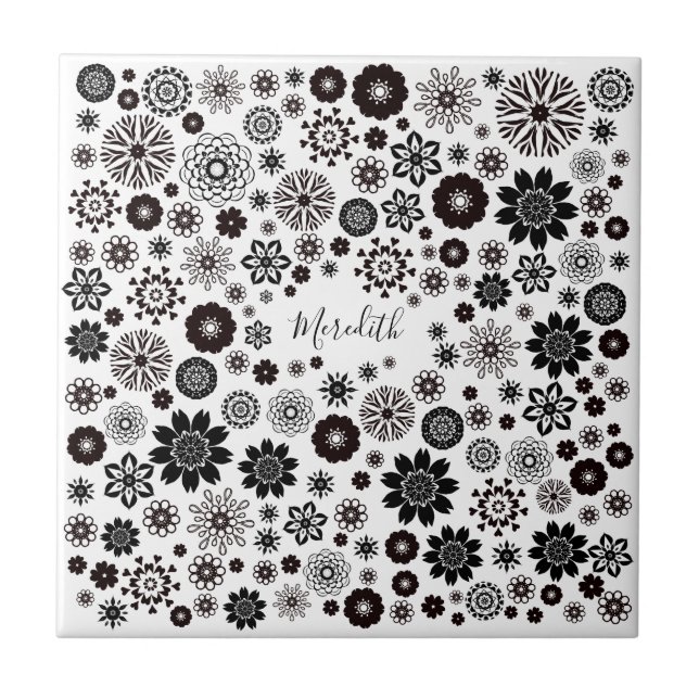 Customisable Name Black and White Floral Pattern Tile (Front)