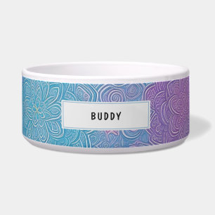 Customisable Name Blue Purple Floral Pet Feeding