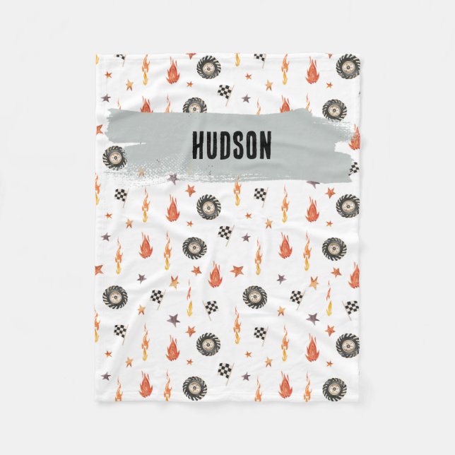 Customisable Name Boys Modern Racing Truck White Fleece Blanket (Front)
