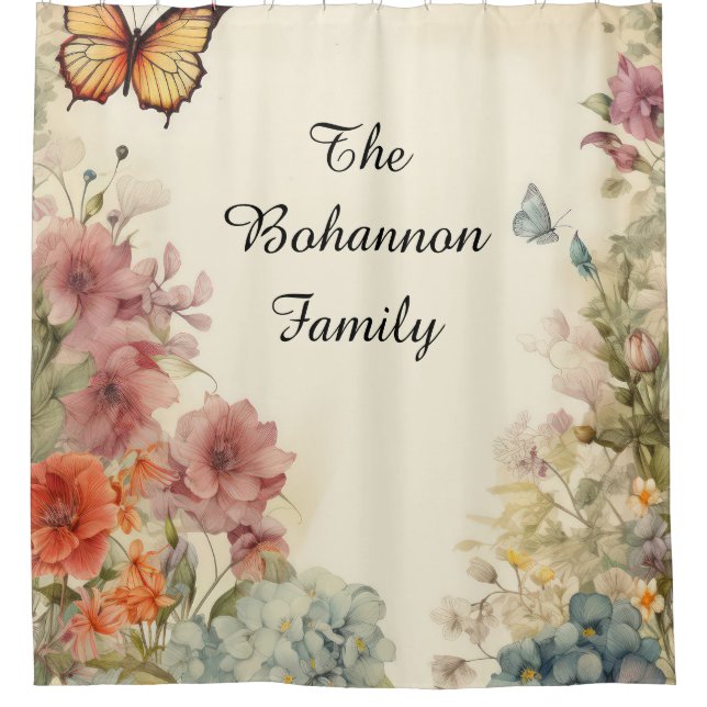 Customisable Name Butterfly & Floral Shower Curtain (Front)