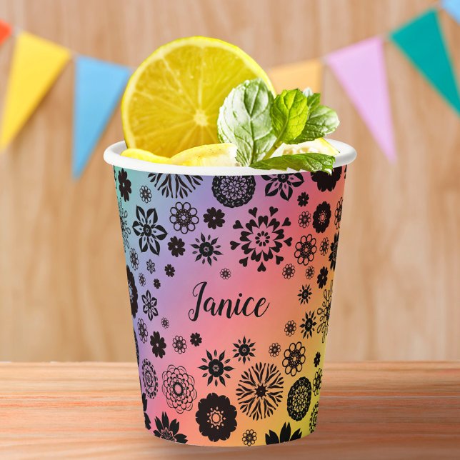 Customisable Name Cute Girly Floral Cool Rainbow Paper Cups (Creator Uploaded)