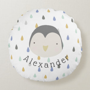 Customisable Name Cute Penguin Round Cushion