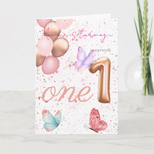Customisable Name, gold 1 balloons first birthday Card
