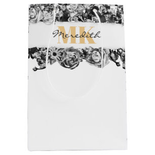 Customisable Name Gold Roses Chic Monogram Luxury Medium Gift Bag