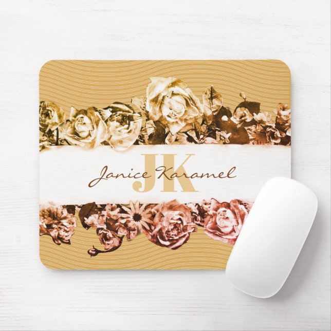 Customisable Name Gold Roses Chic Monogram Luxury Mouse Mat (With Mouse)