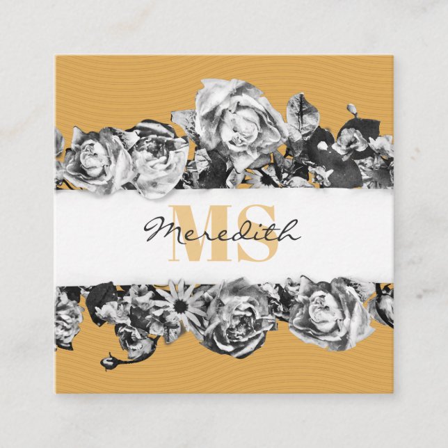 Customisable Name Gold Roses Chic Monogram Luxury Square Business Card (Front)
