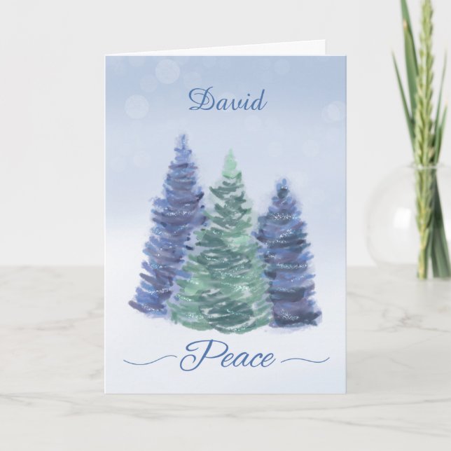 Customisable Name Holiday Peace Evergreen Tree Card (Front)