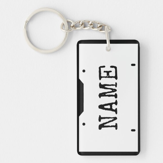 Customisable Name License Plate White Black Border Key Ring (Front)