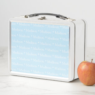 Customisable name light blue white double sided metal lunch box