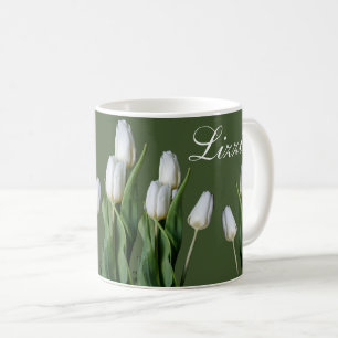 Customisable name Lizzie white tulip flowers green Coffee Mug