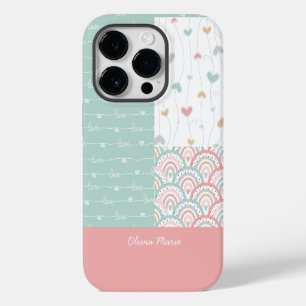 Customisable Name Patchwork Love Hearts Rainbows iPhone 14 Pro Case