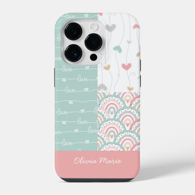 Customisable Name Patchwork Love Hearts Rainbows  iPhone Case (Back)