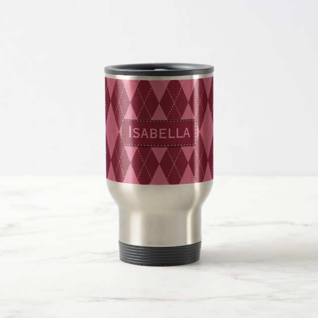 Customisable Name Pink Argyle Travel Mug (Center)