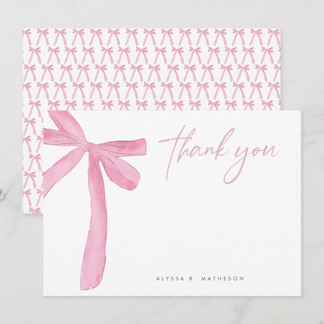 Customisable Name Pink Bow wedding Bridal Shower Thank You Card (Front/Back)